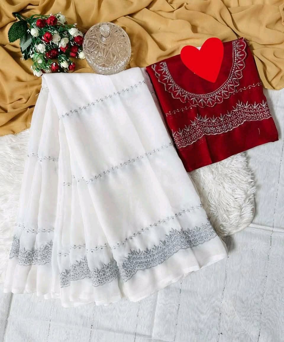 Georgette Embroidery Saree with Blouse Piece | সফট জর্জেট এমব্রয়ডারি শাড়ি