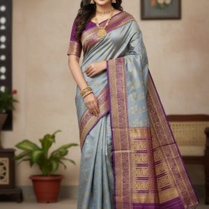 Kashmiri Katan Saree | Elegant Buti Work Party Wear Saree (No Blouse Piece)