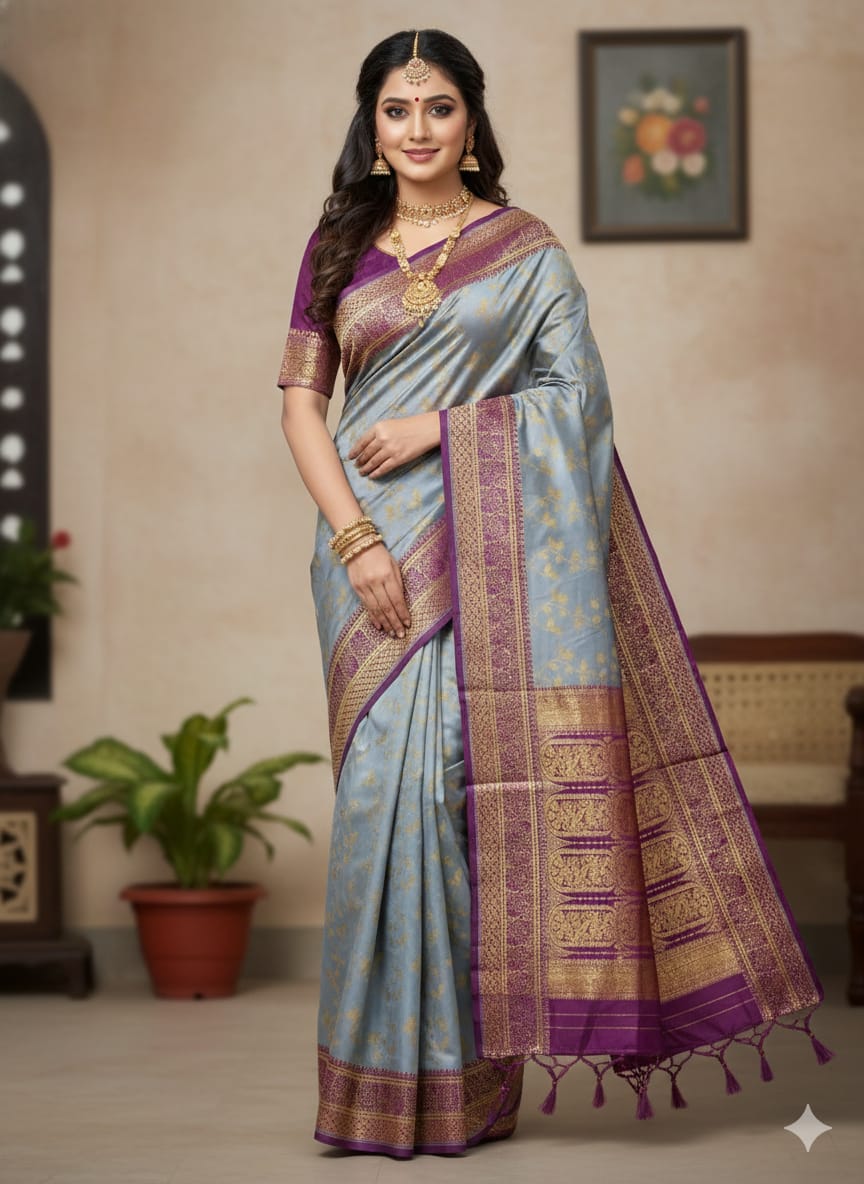 Kashmiri Katan Saree | Elegant Buti Work Party Wear Saree (No Blouse Piece)