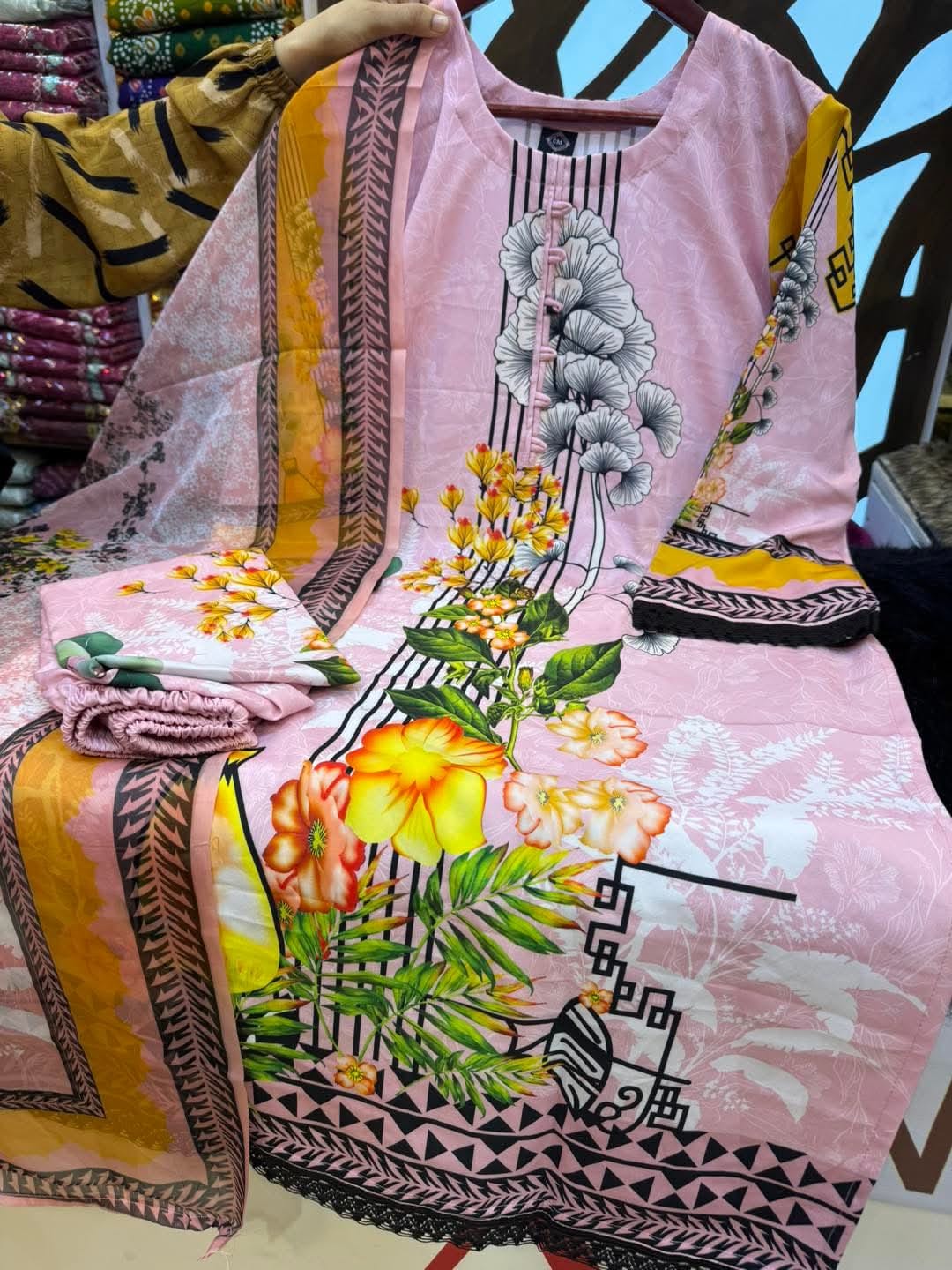 Digital Print Three Piece with Lace Work