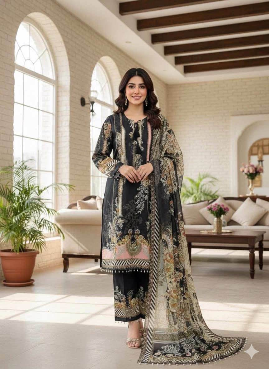 đī¸ Digital Print Three Piece with Lace Work (Ready Made)