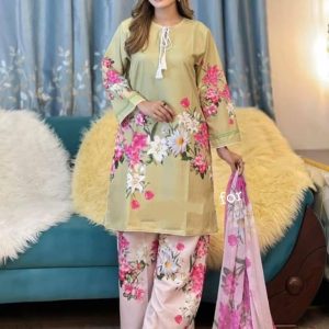 পাকিস্তানি স্ক্রিন প্রিন্ট থ্রি পিস | AC Cotton Kamiz, Butter Silk Salwar & Printed Orna Set