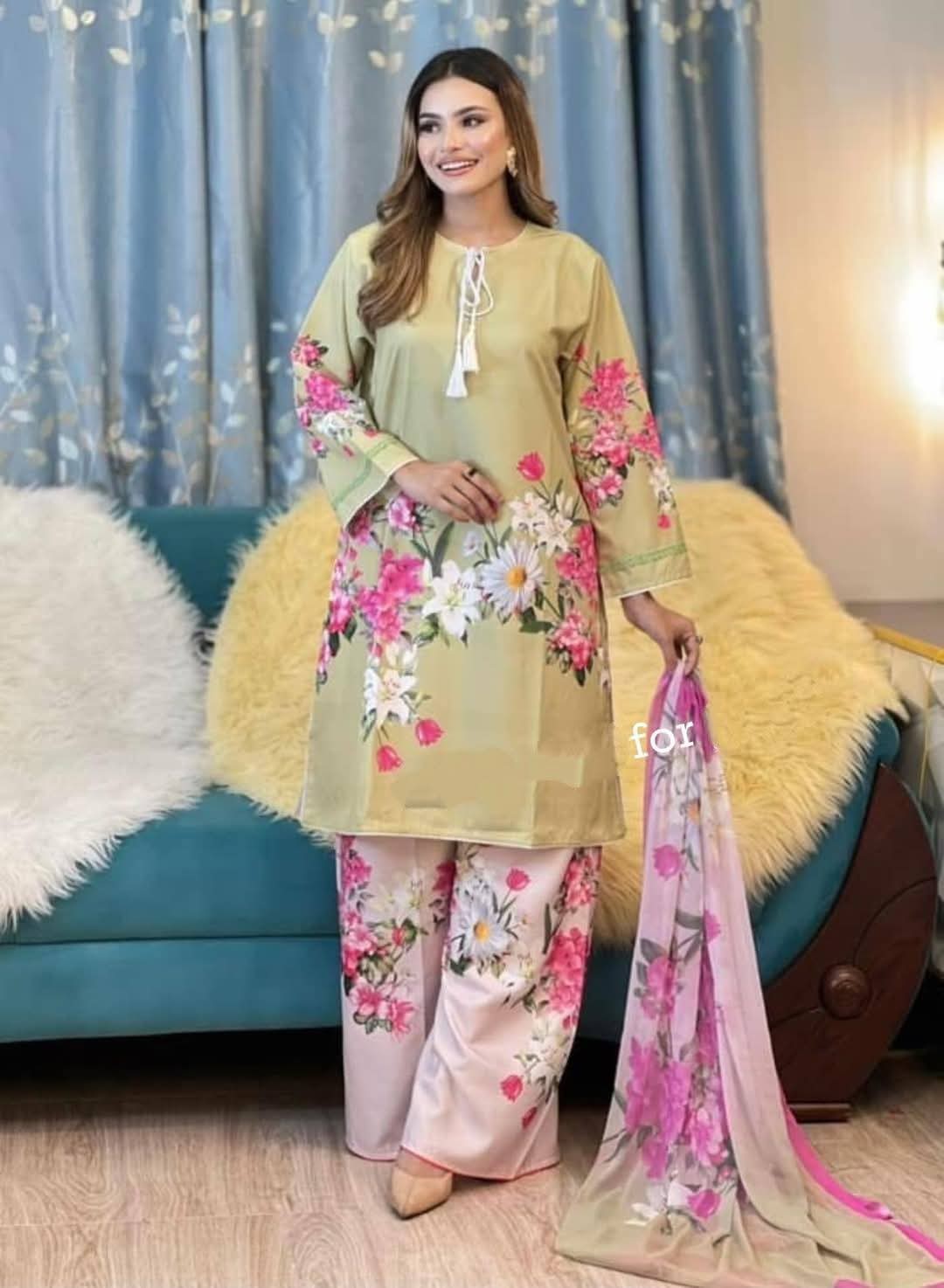 পাকিস্তানি স্ক্রিন প্রিন্ট থ্রি পিস | AC Cotton Kamiz, Butter Silk Salwar & Printed Orna Set