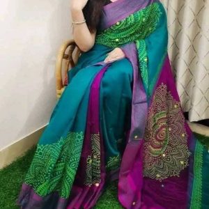 প্রিমিয়াম ধুপিয়ান সিল্ক নকশি টাঙ্গাইল শাড়ি – ব্লক প্রিন্ট ও এমব্রয়ডারি কাজ