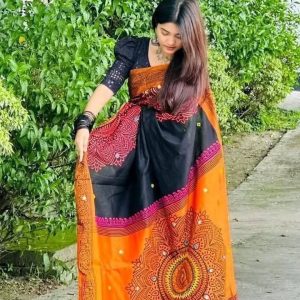 প্রিমিয়াম ধুপিয়ান সিল্ক নকশি টাঙ্গাইল শাড়ি – ব্লক প্রিন্ট ও এমব্রয়ডারি কাজ