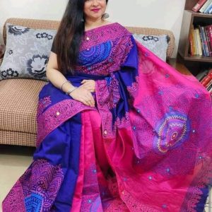 প্রিমিয়াম ধুপিয়ান সিল্ক নকশি টাঙ্গাইল শাড়ি – ব্লক প্রিন্ট ও এমব্রয়ডারি কাজ