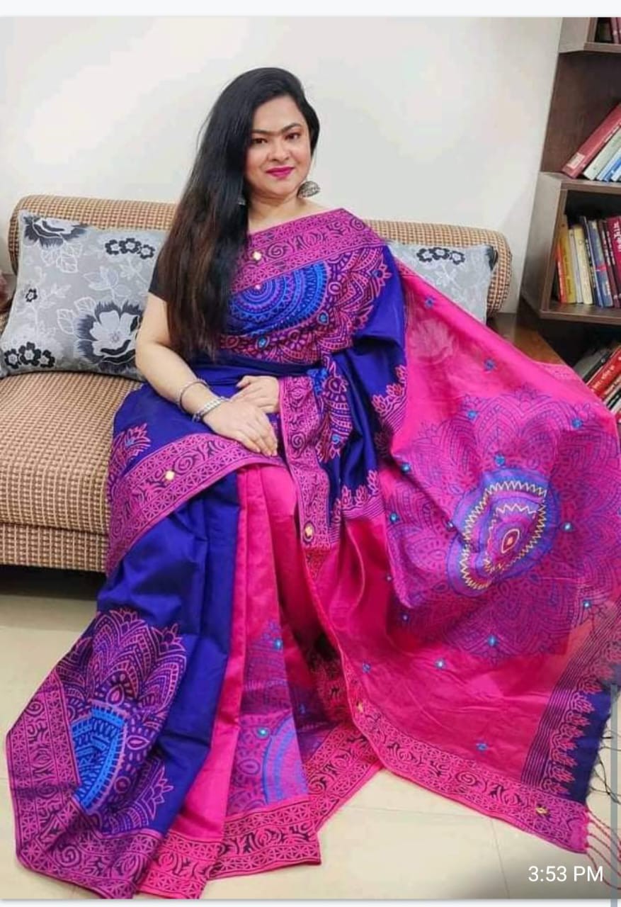 প্রিমিয়াম ধুপিয়ান সিল্ক নকশি টাঙ্গাইল শাড়ি – ব্লক প্রিন্ট ও এমব্রয়ডারি কাজ